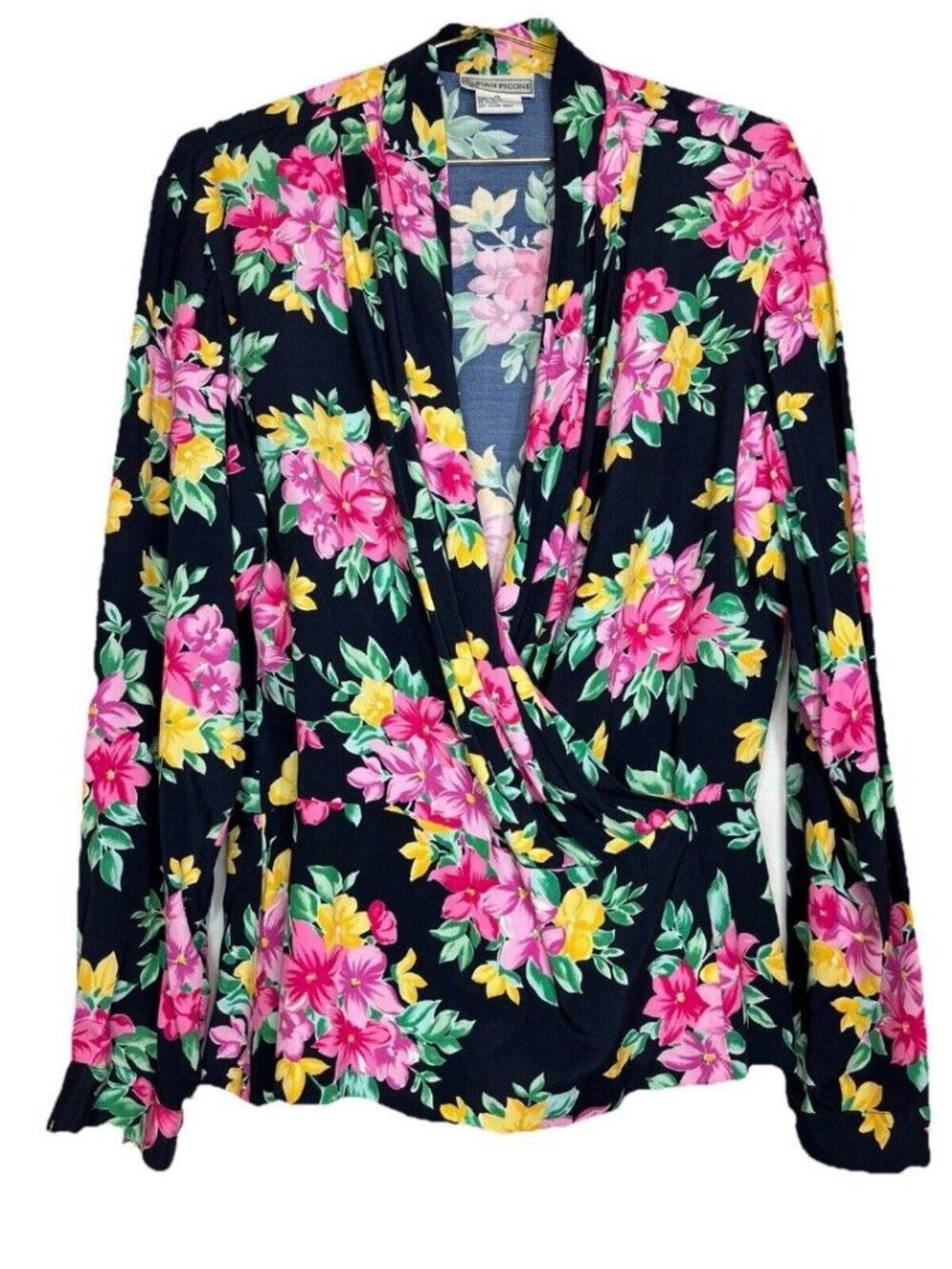 Vintage Evan Picone Size 12 Woman's Floral Wrap Snap Peplum Long Sleeve Blouse